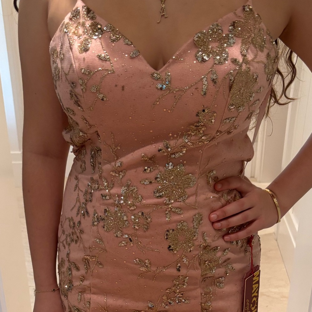 Glamorous Pink and Gold Floral Prom Dress - Picture 4 of 5